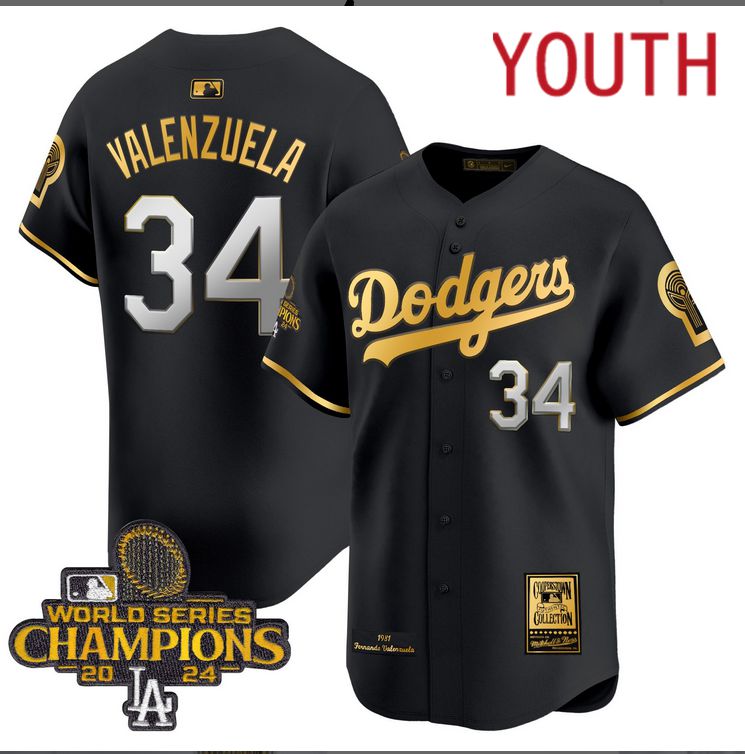 Youth  MLB Los Angeles Dodgers #34 Valenzuela black 2024 World Series Champions Patch Cooperstown Jersey->youth mlb jersey->Youth Jersey